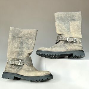 French Connection Taupe Genuine Leather Mid-Calf Moto Boots | Lug Sole 7.5 / 38